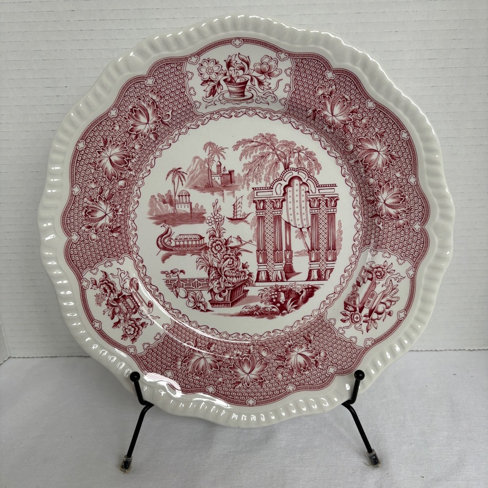 Vintage Red‎ Transferware Plate Oriental Scenery Architecture Decorative Accent